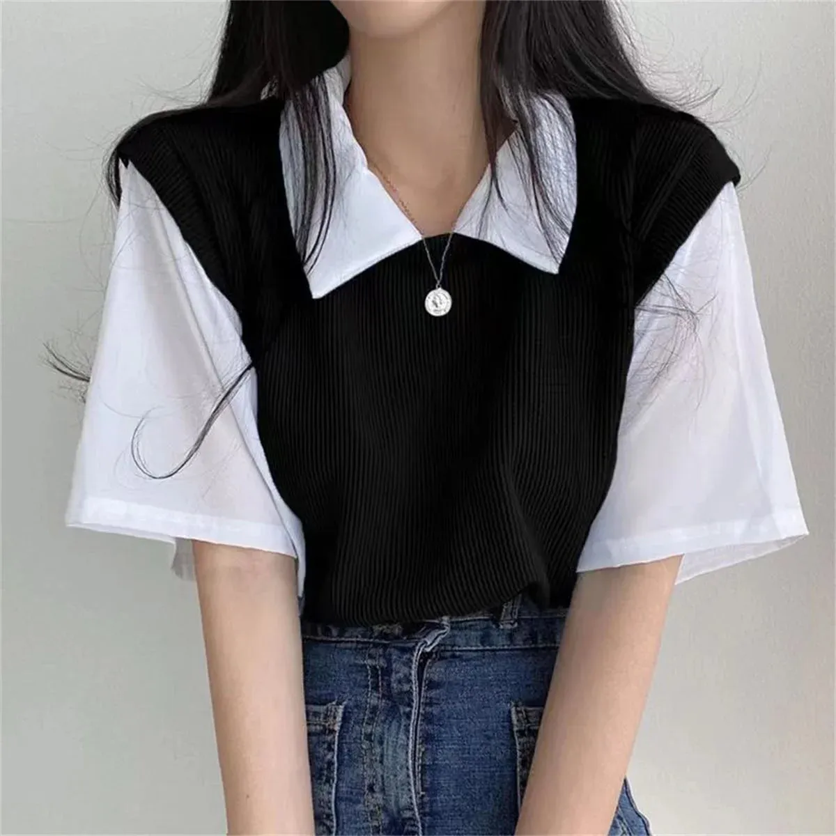 -Summer Academy Style Color Blocking Polo Collar Top Fake Two-piece Short Sleeve T-shirt Women Lazy Loose Casual Versatile Blouse