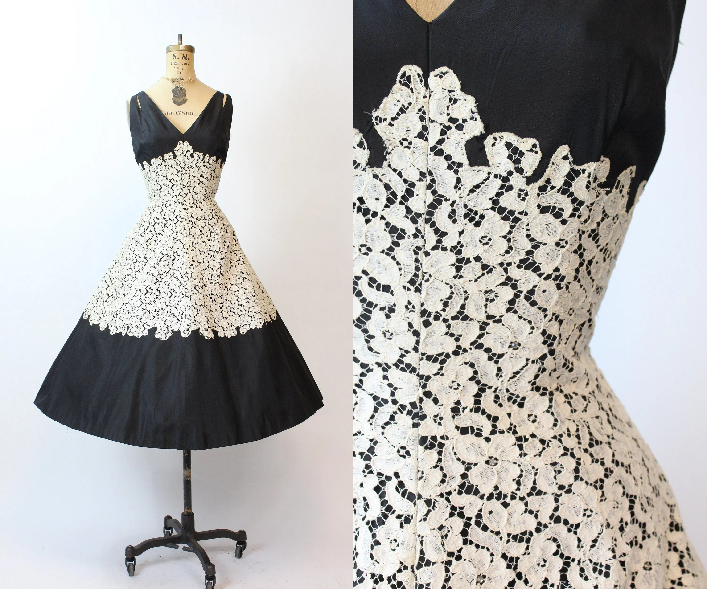 1950s LACE APPLIQUE rhinestone cutout dress medium | new fall winter