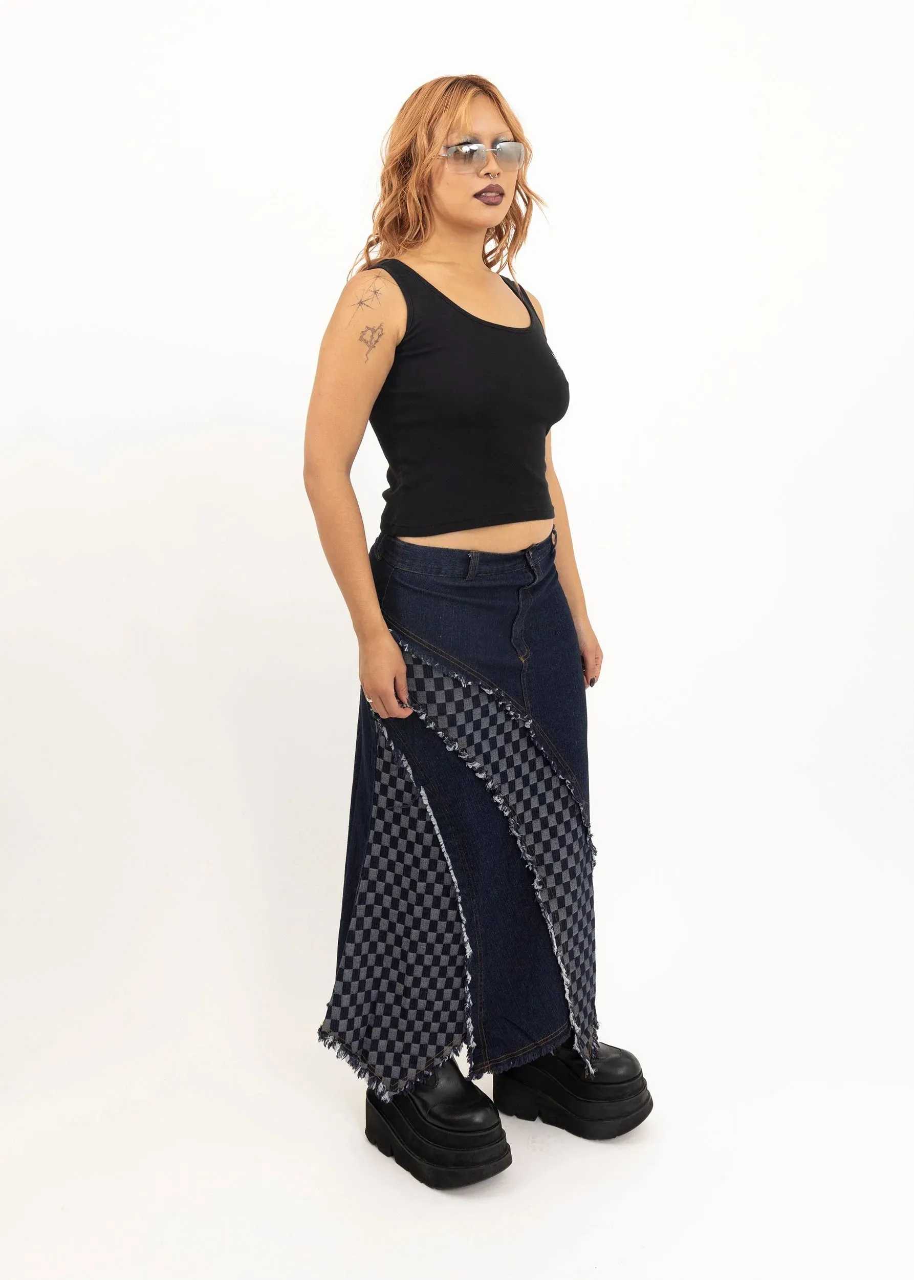 2000s dead stock checkerboard denim maxi skirt