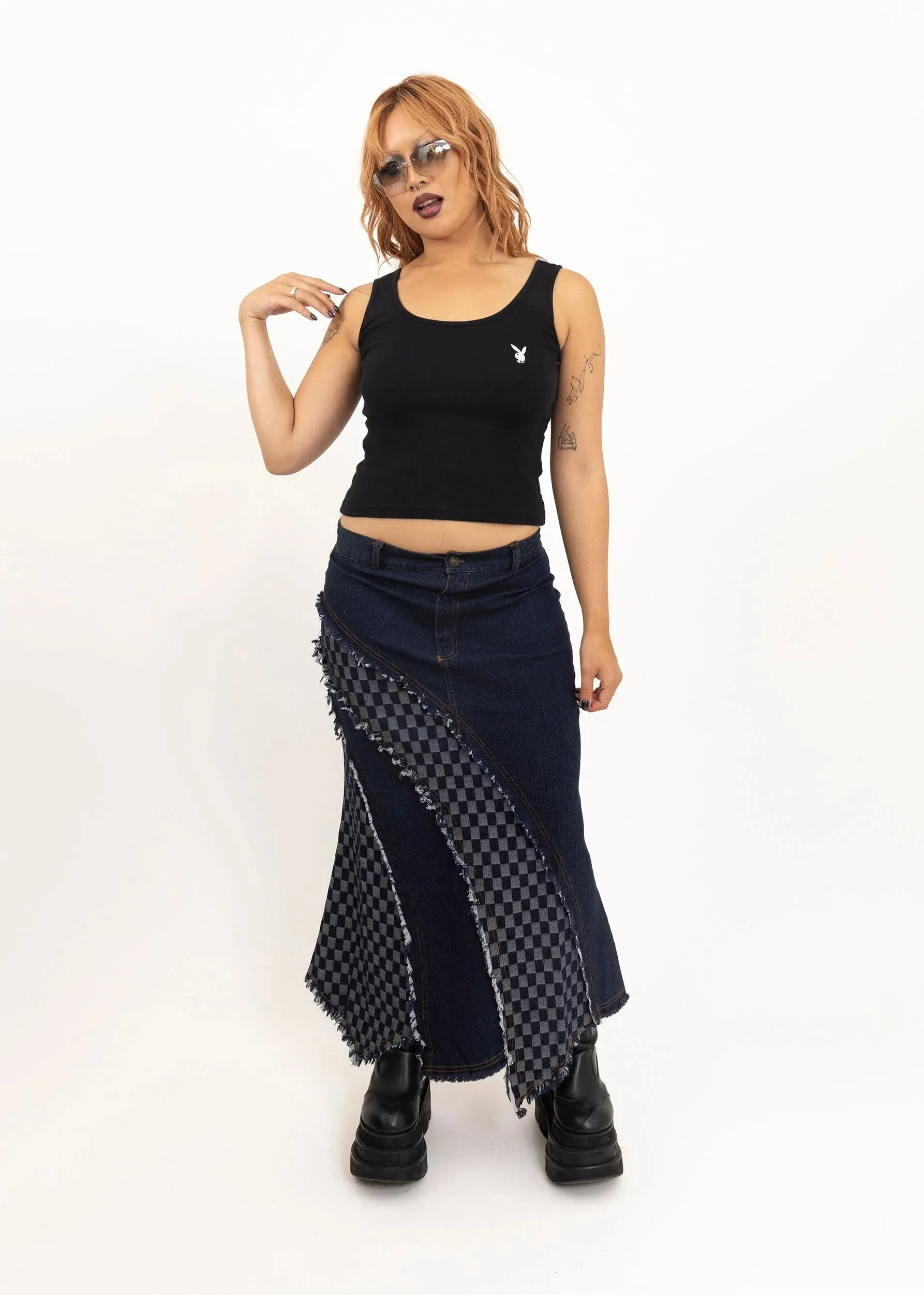 2000s dead stock checkerboard denim maxi skirt