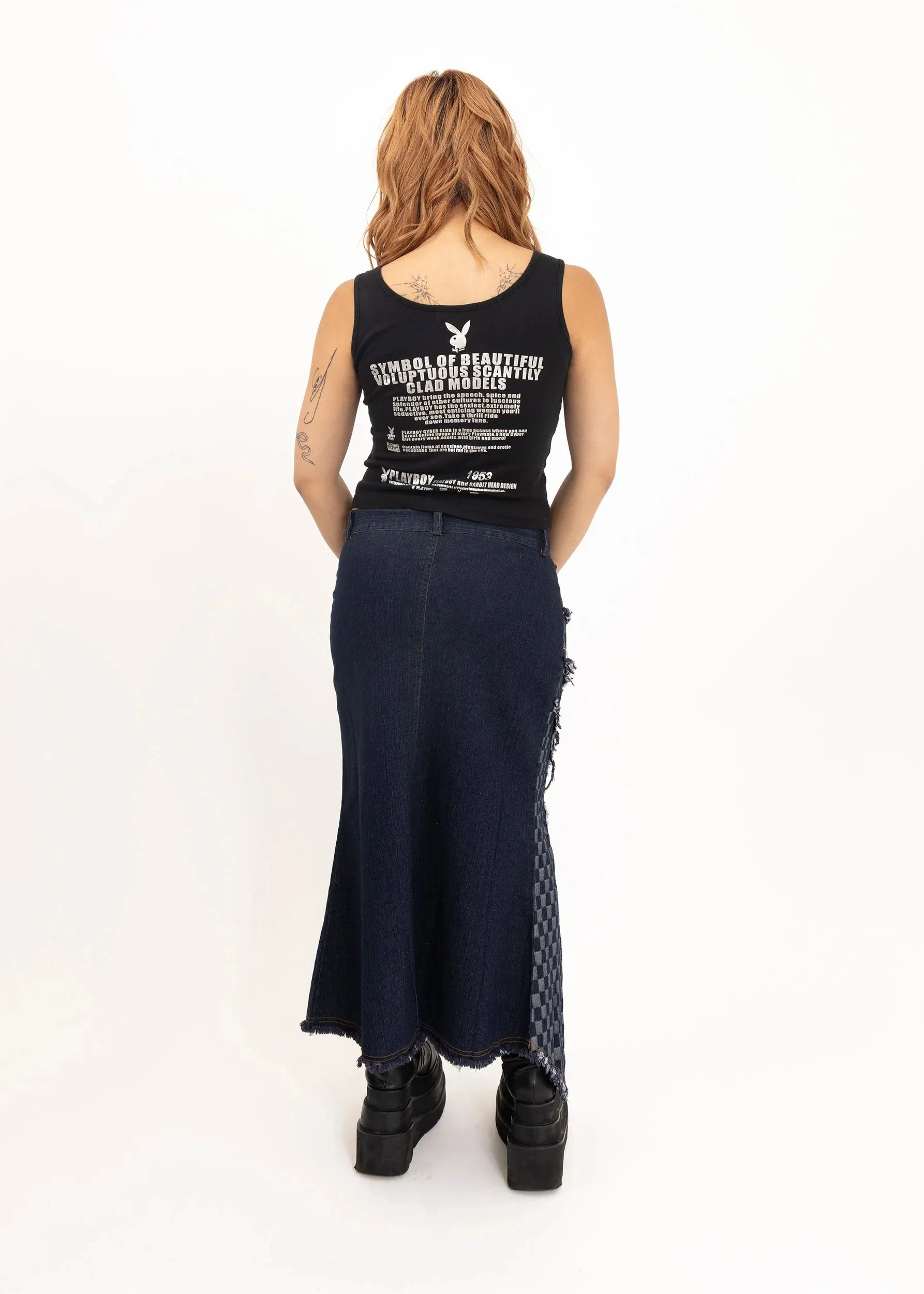 2000s dead stock checkerboard denim maxi skirt