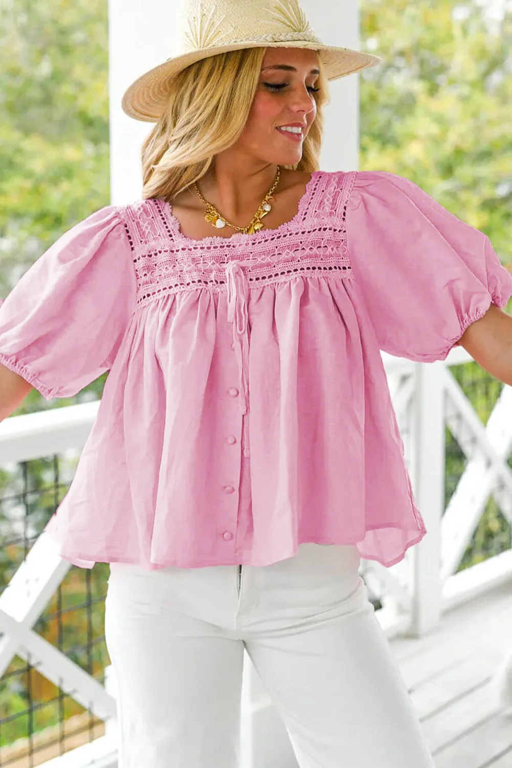 Addison,  Pink Lace Square Neck Patchwork Puff Sleeve Blouse