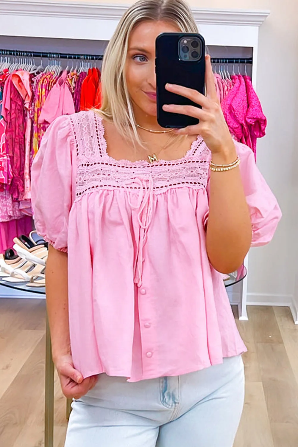 Addison,  Pink Lace Square Neck Patchwork Puff Sleeve Blouse