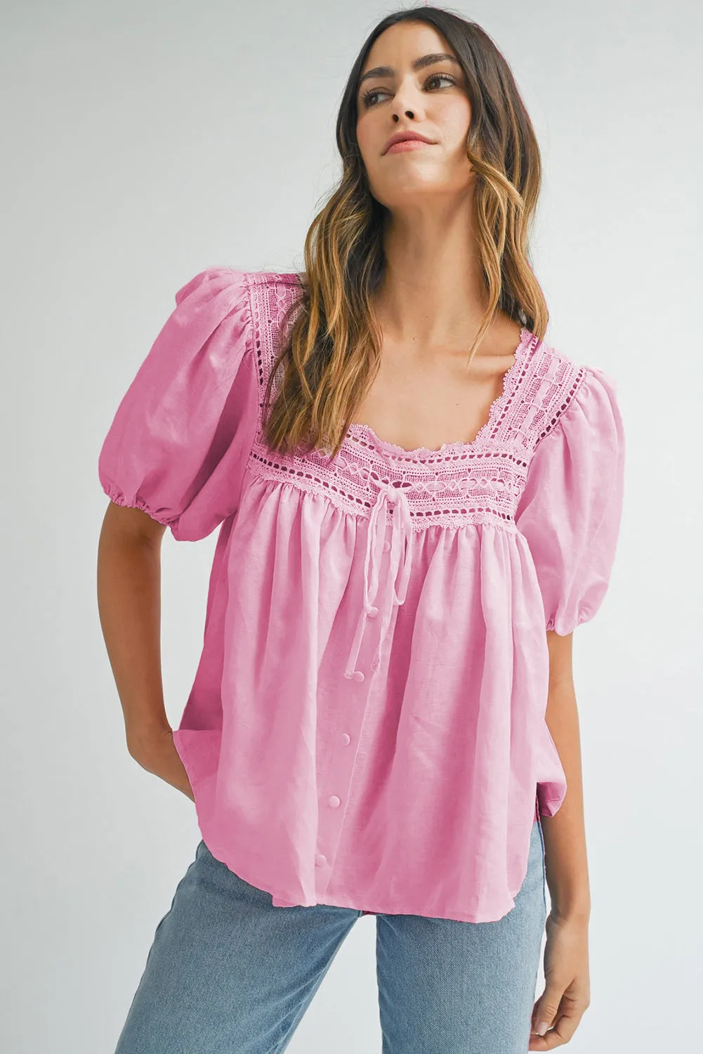 Addison,  Pink Lace Square Neck Patchwork Puff Sleeve Blouse