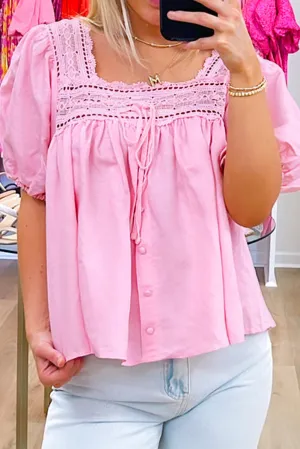 Addison,  Pink Lace Square Neck Patchwork Puff Sleeve Blouse