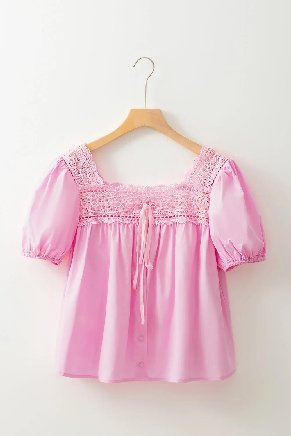Addison,  Pink Lace Square Neck Patchwork Puff Sleeve Blouse