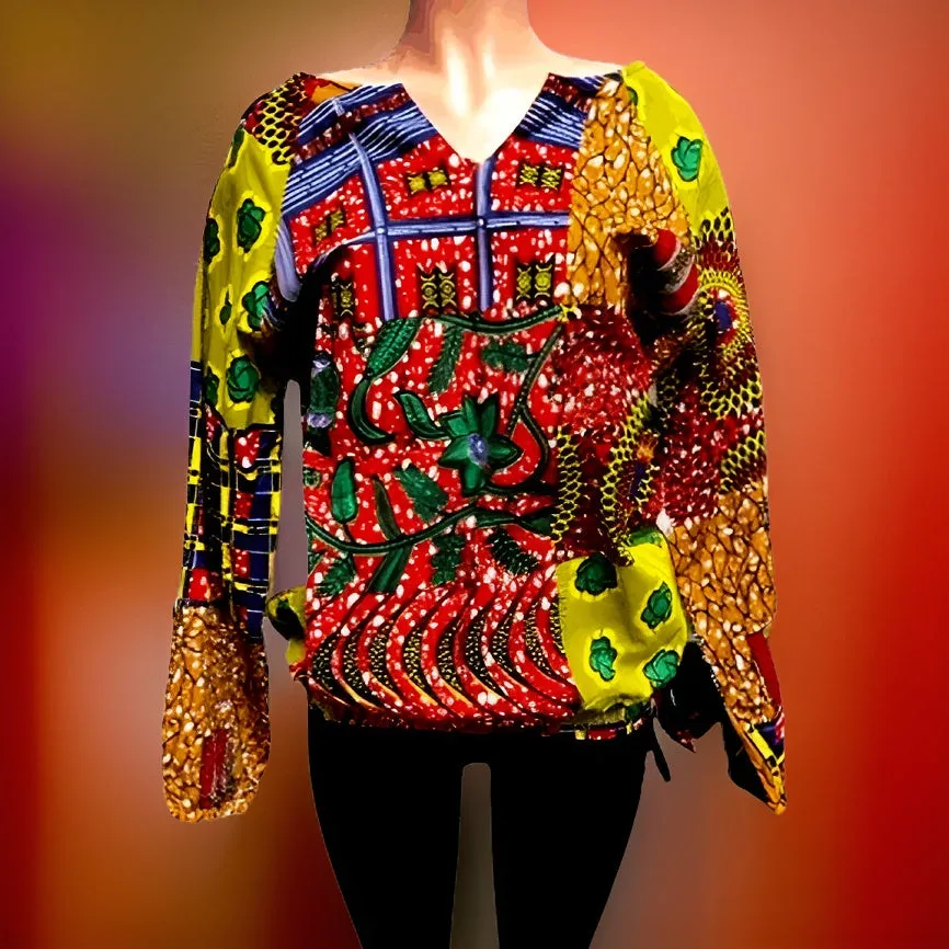 African Print Long Sleeve Ankara Patched Blouse