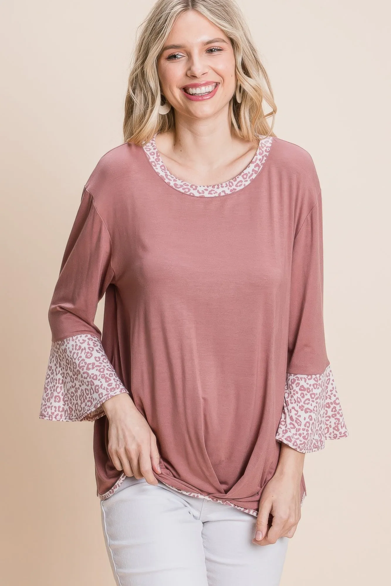 Animal Print Contrast Bell Sleeves Fashion Top With Gathered Front Hem