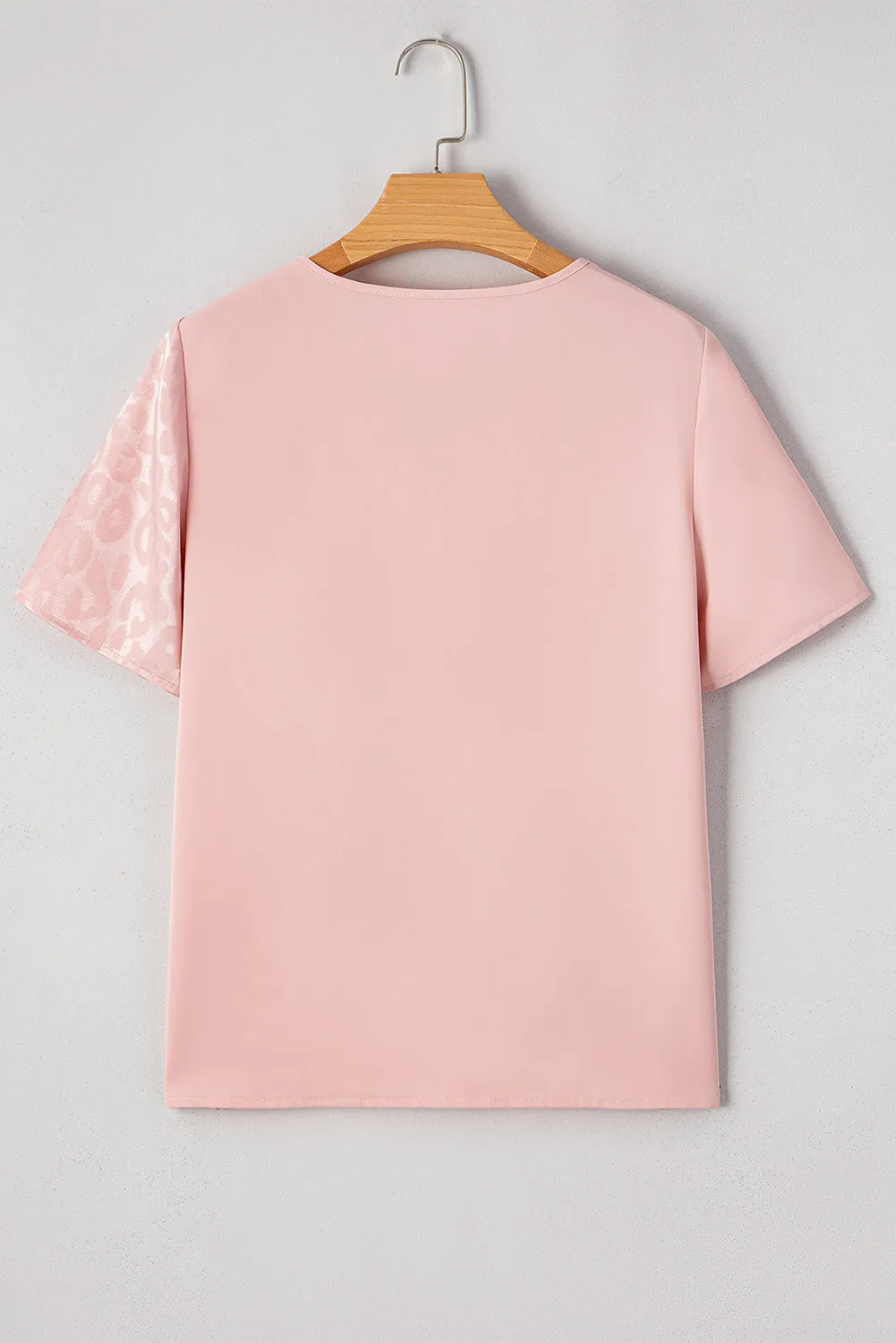 Apricot Pink Leopard Jacquard Patchwork Crisscross V Neck Short Sleeve Blouse