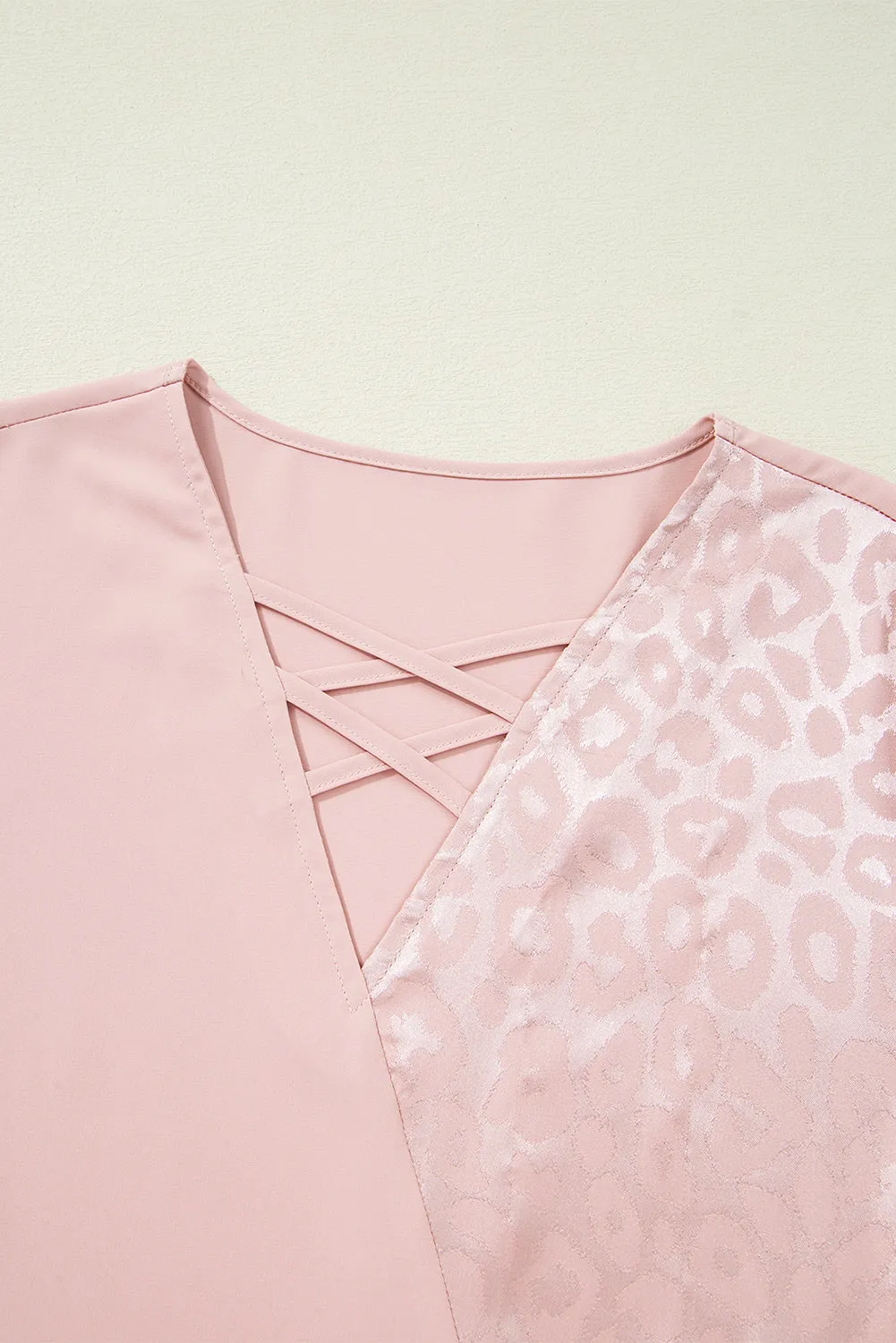 Apricot Pink Leopard Jacquard Patchwork Crisscross V Neck Short Sleeve Blouse