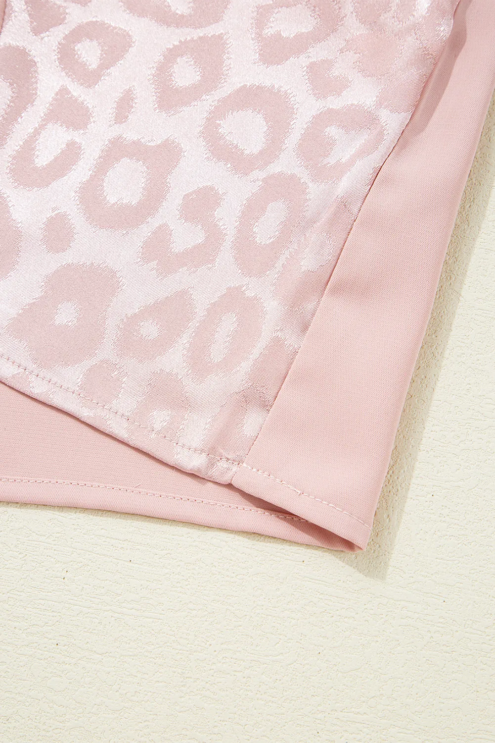 Apricot Pink Leopard Jacquard Patchwork Crisscross V Neck Short Sleeve Blouse