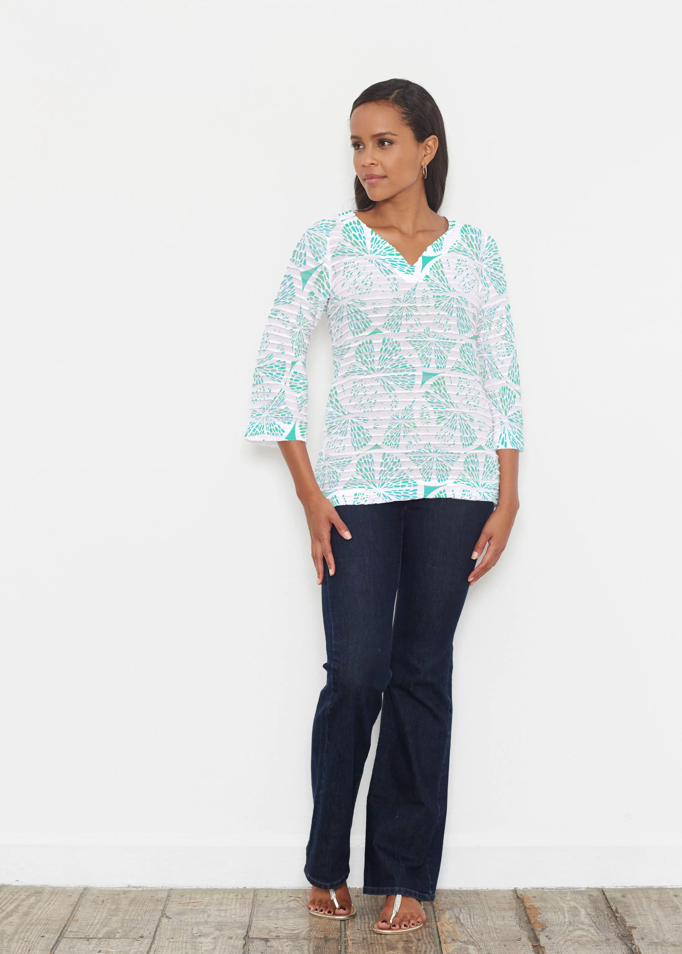 Aqua Citrus (7855) ~ Banded 3/4 Bell-Sleeve V-Neck Tunic