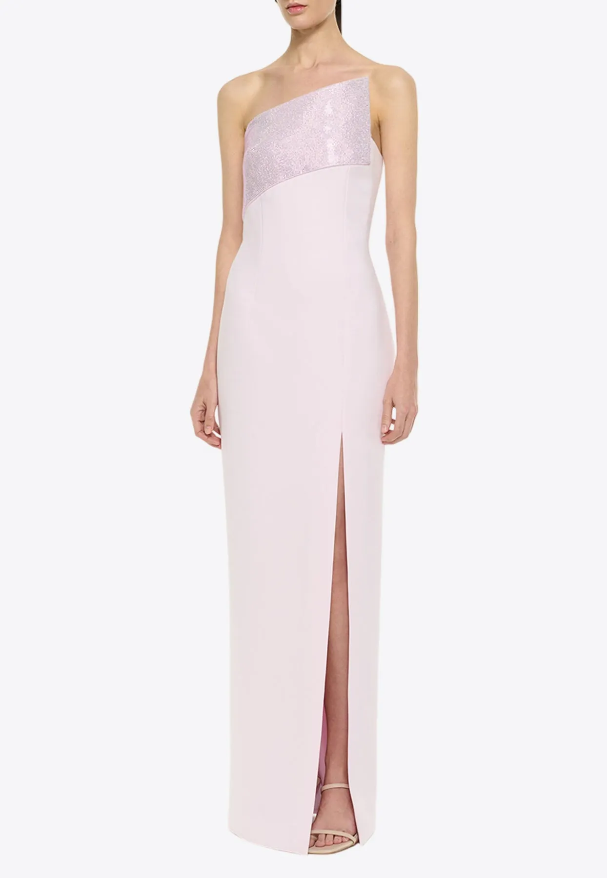 Asymmetric Diamante Panel Strapless Gown