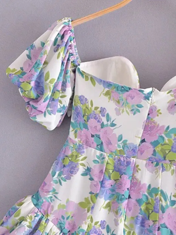 Asymmetric Mini Dress with Floral Print and Lace Ruffle Skirt