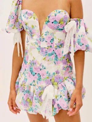 Asymmetric Mini Dress with Floral Print and Lace Ruffle Skirt