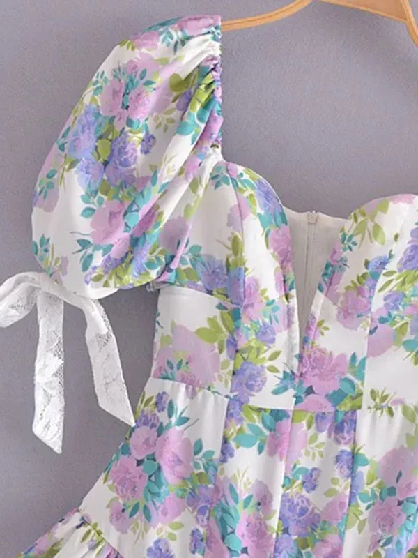 Asymmetric Mini Dress with Floral Print and Lace Ruffle Skirt