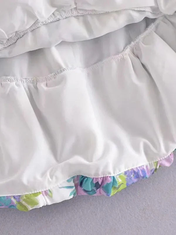 Asymmetric Mini Dress with Floral Print and Lace Ruffle Skirt