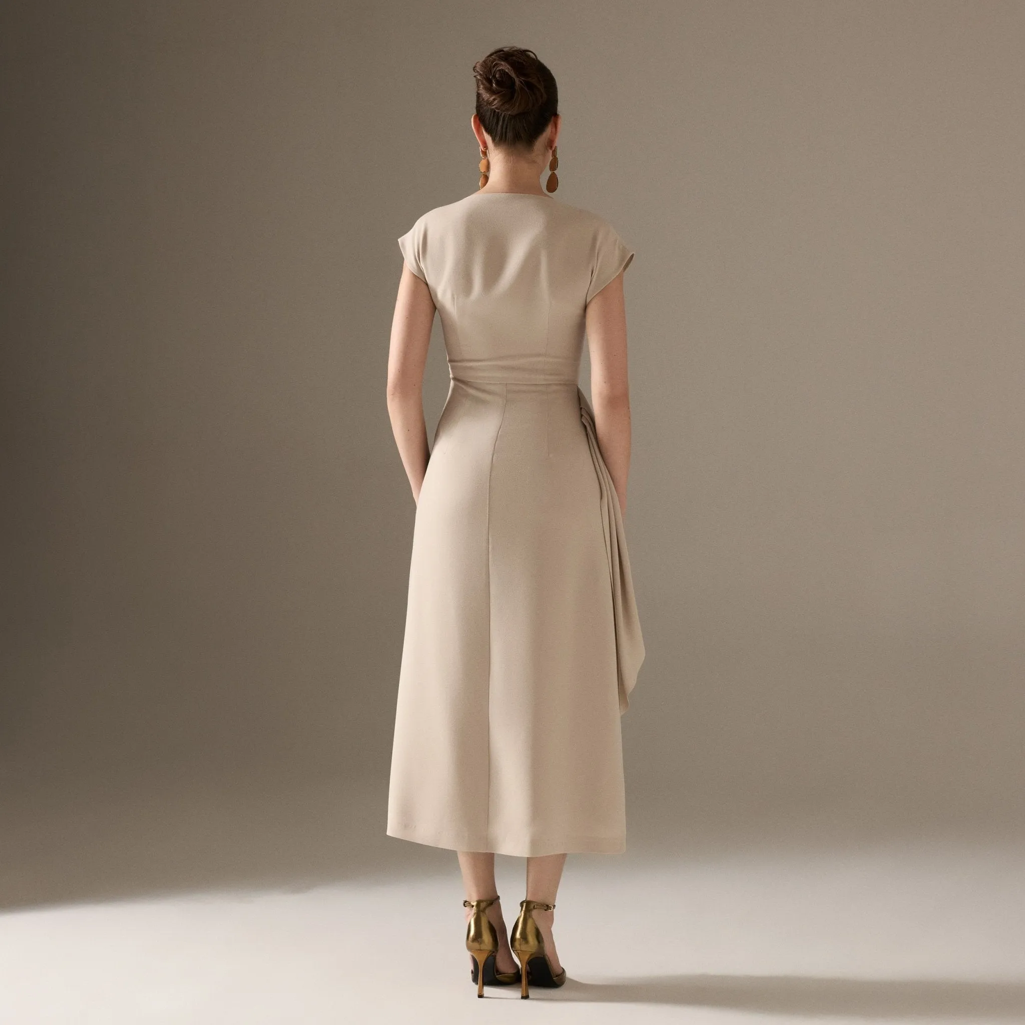 Asymmetric Neck Angel Sleeve Midi Dress