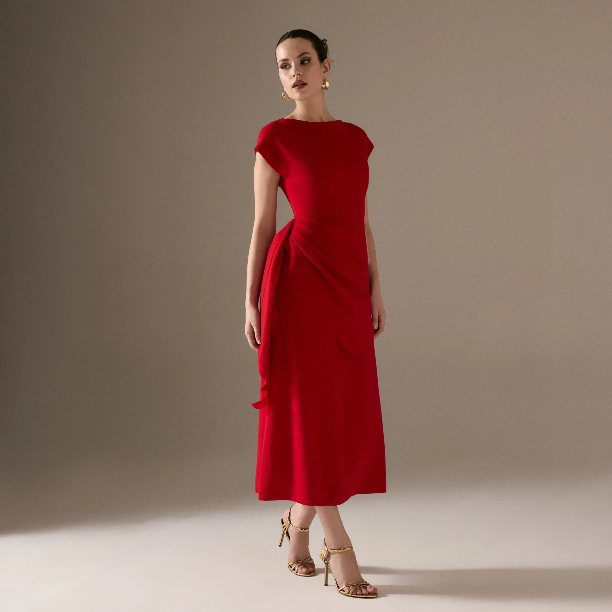 Asymmetric Neck Angel Sleeve Midi Dress