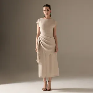 Asymmetric Neck Angel Sleeve Midi Dress