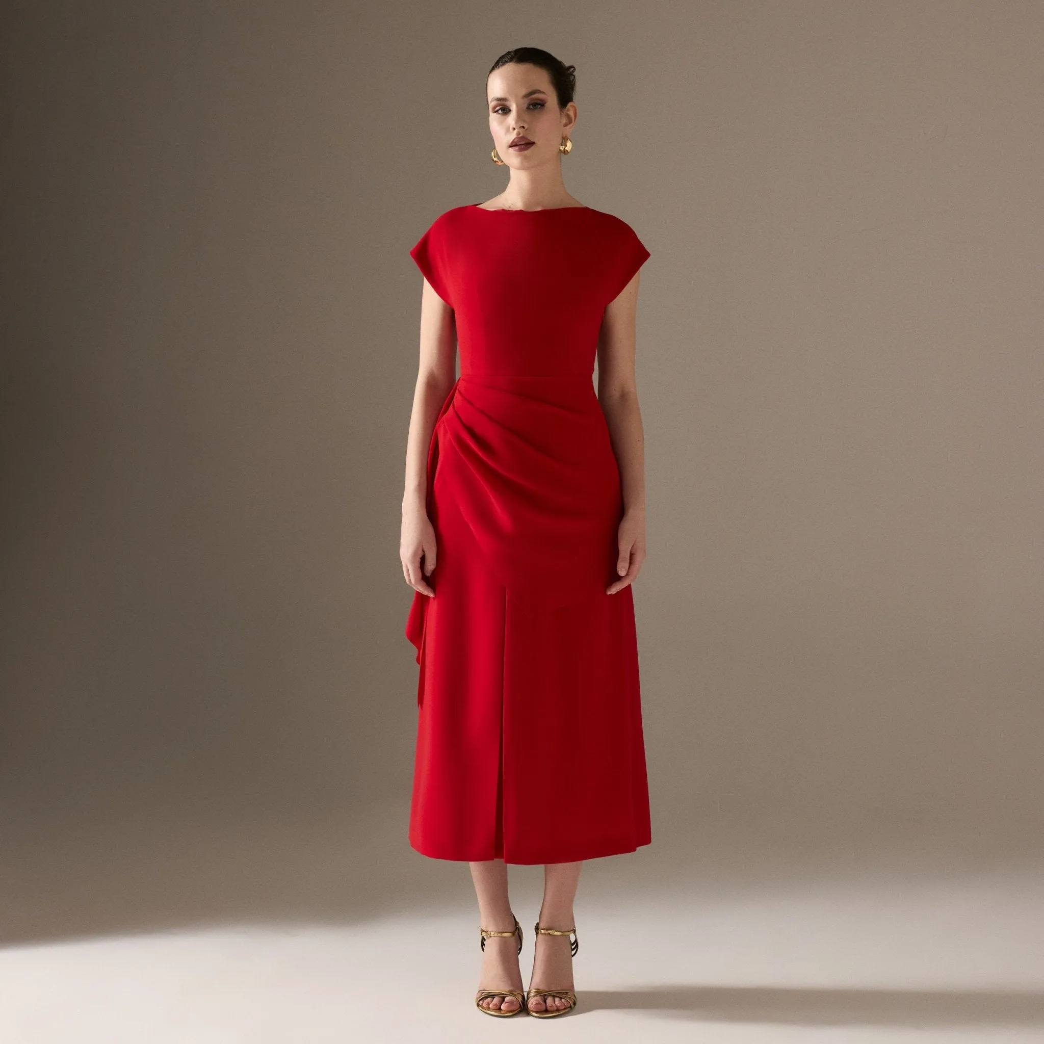 Asymmetric Neck Angel Sleeve Midi Dress