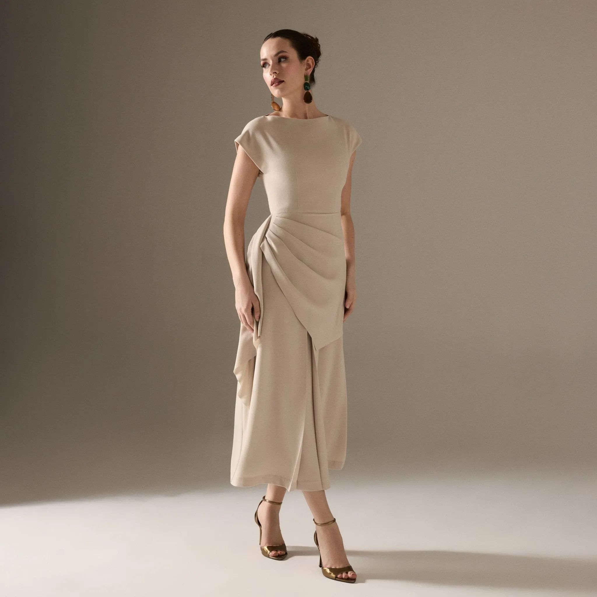Asymmetric Neck Angel Sleeve Midi Dress