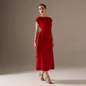 Asymmetric Neck Angel Sleeve Midi Dress