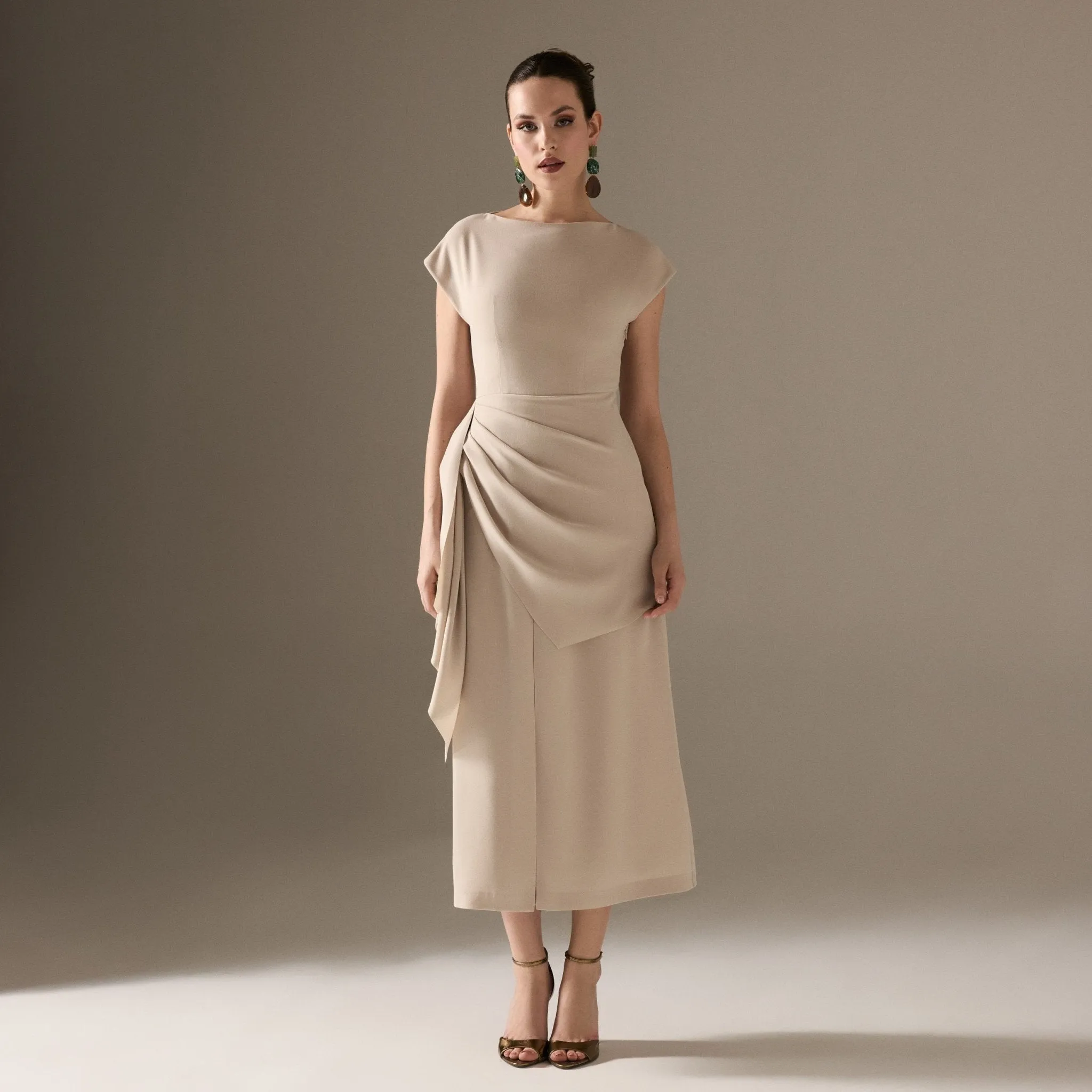 Asymmetric Neck Angel Sleeve Midi Dress