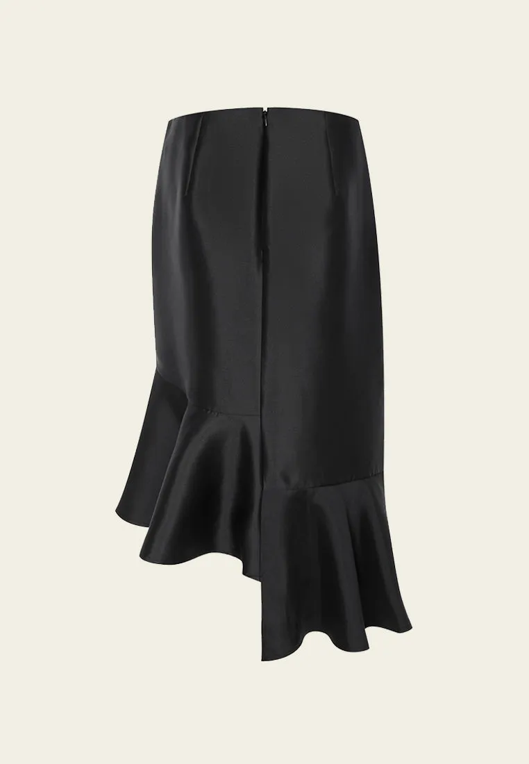 Asymmetrical Black Satin Skirt