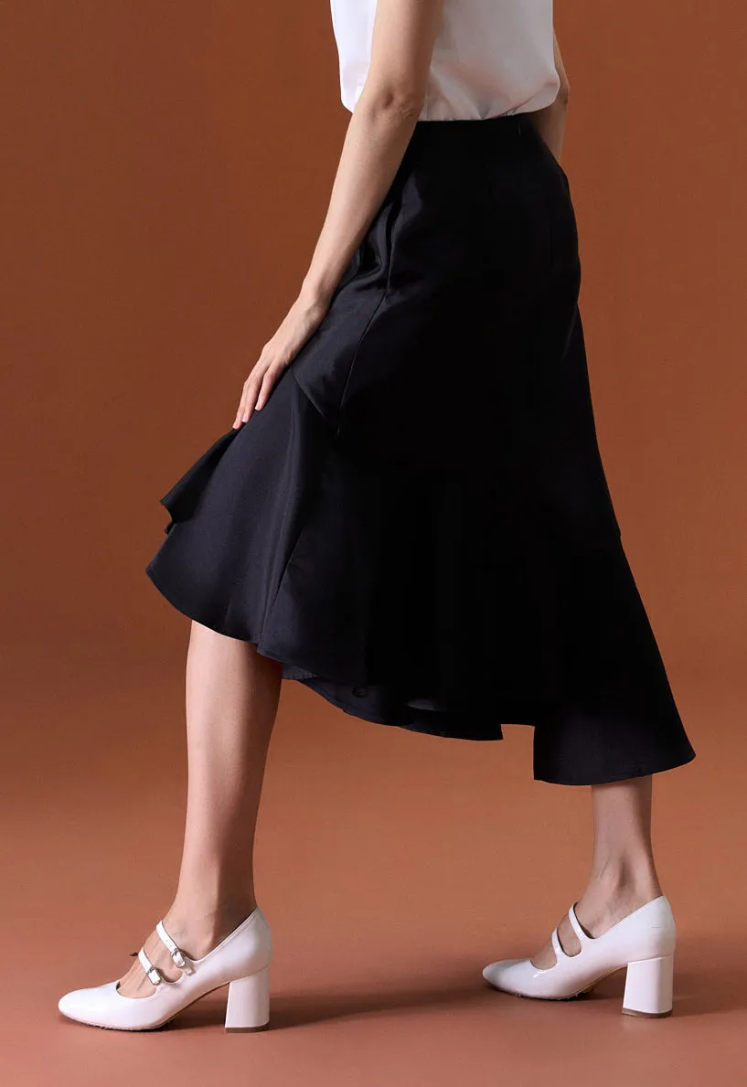 Asymmetrical Black Satin Skirt