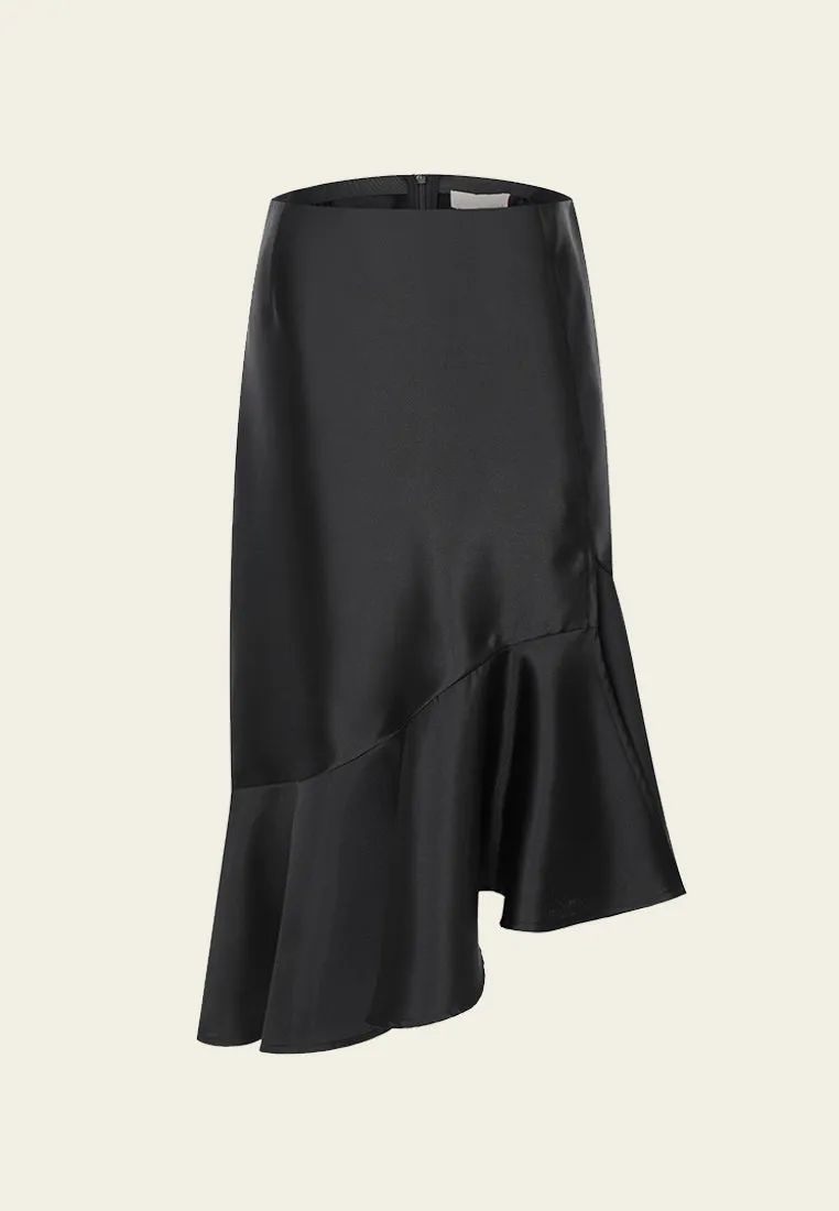 Asymmetrical Black Satin Skirt