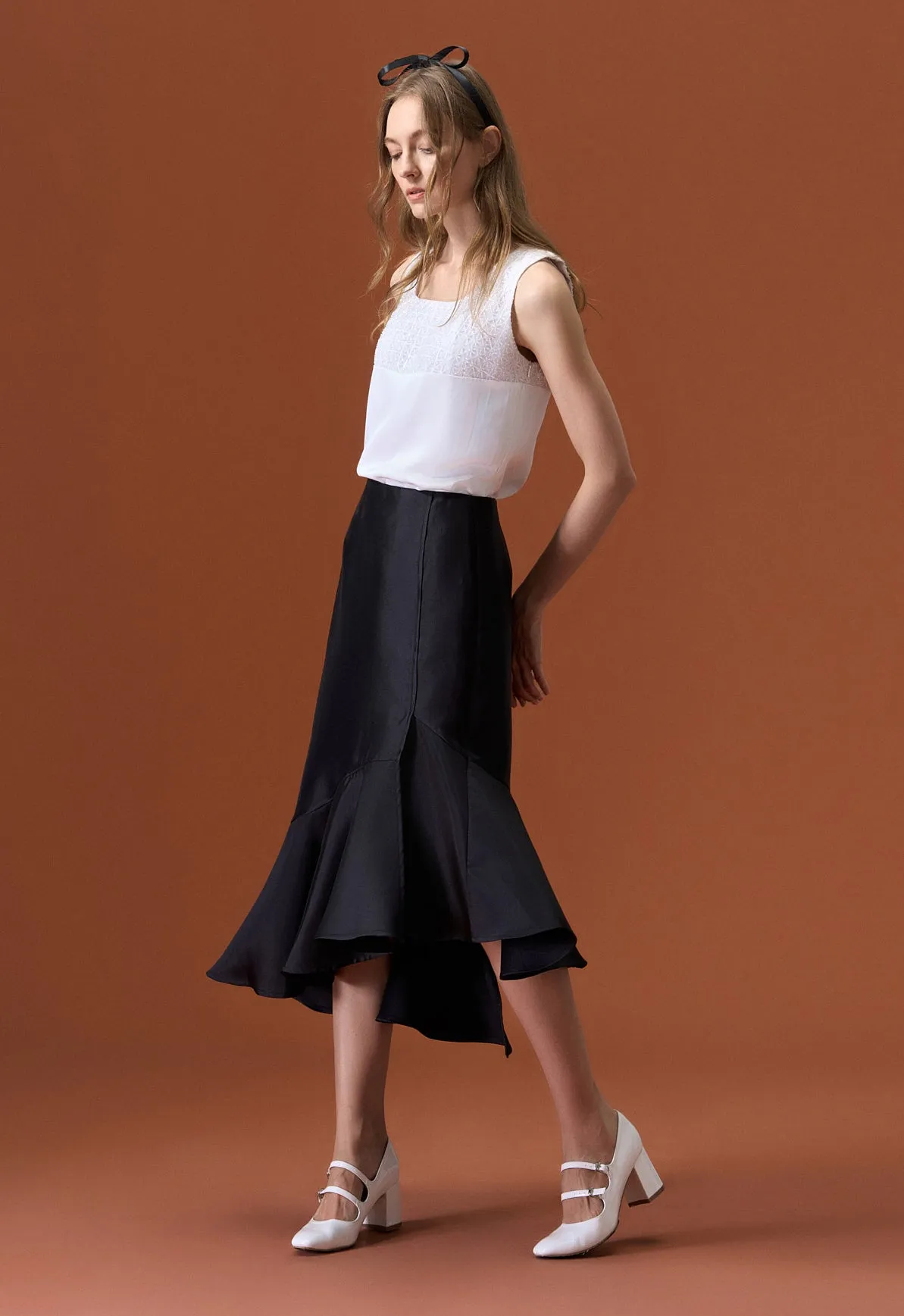Asymmetrical Black Satin Skirt