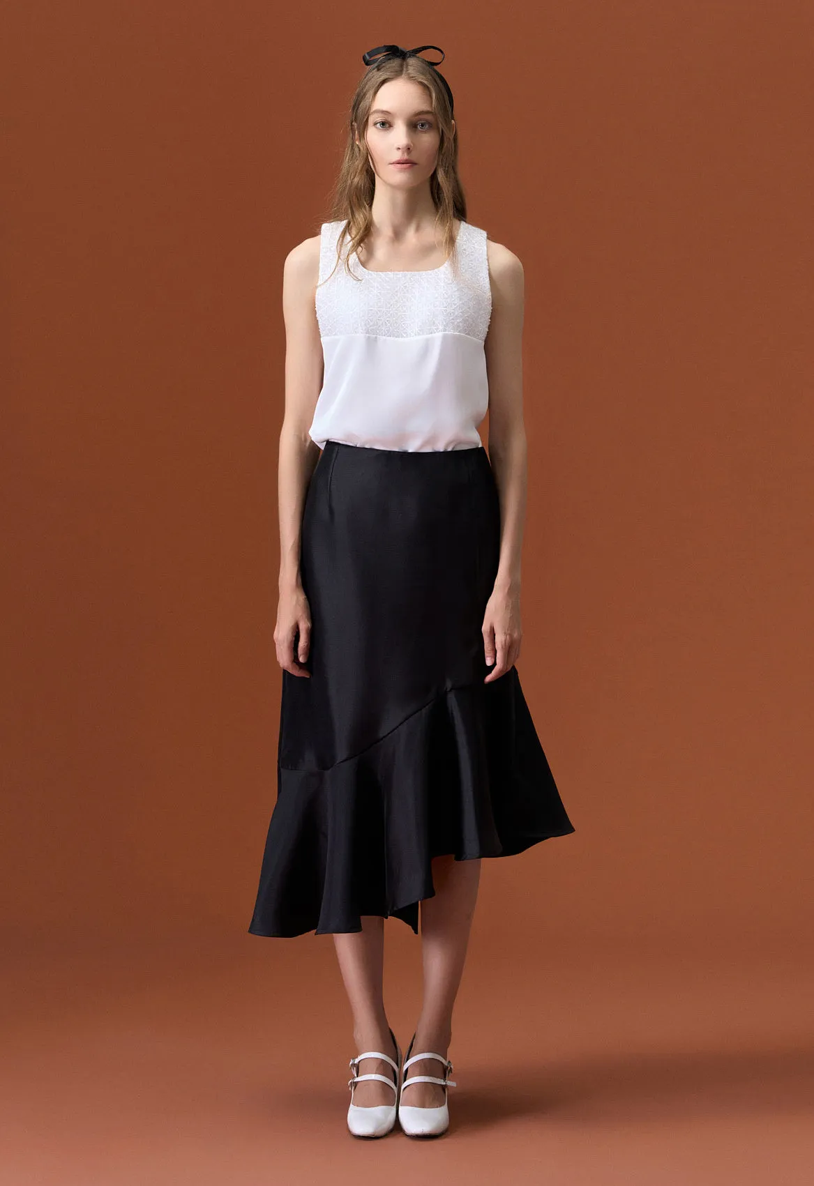 Asymmetrical Black Satin Skirt