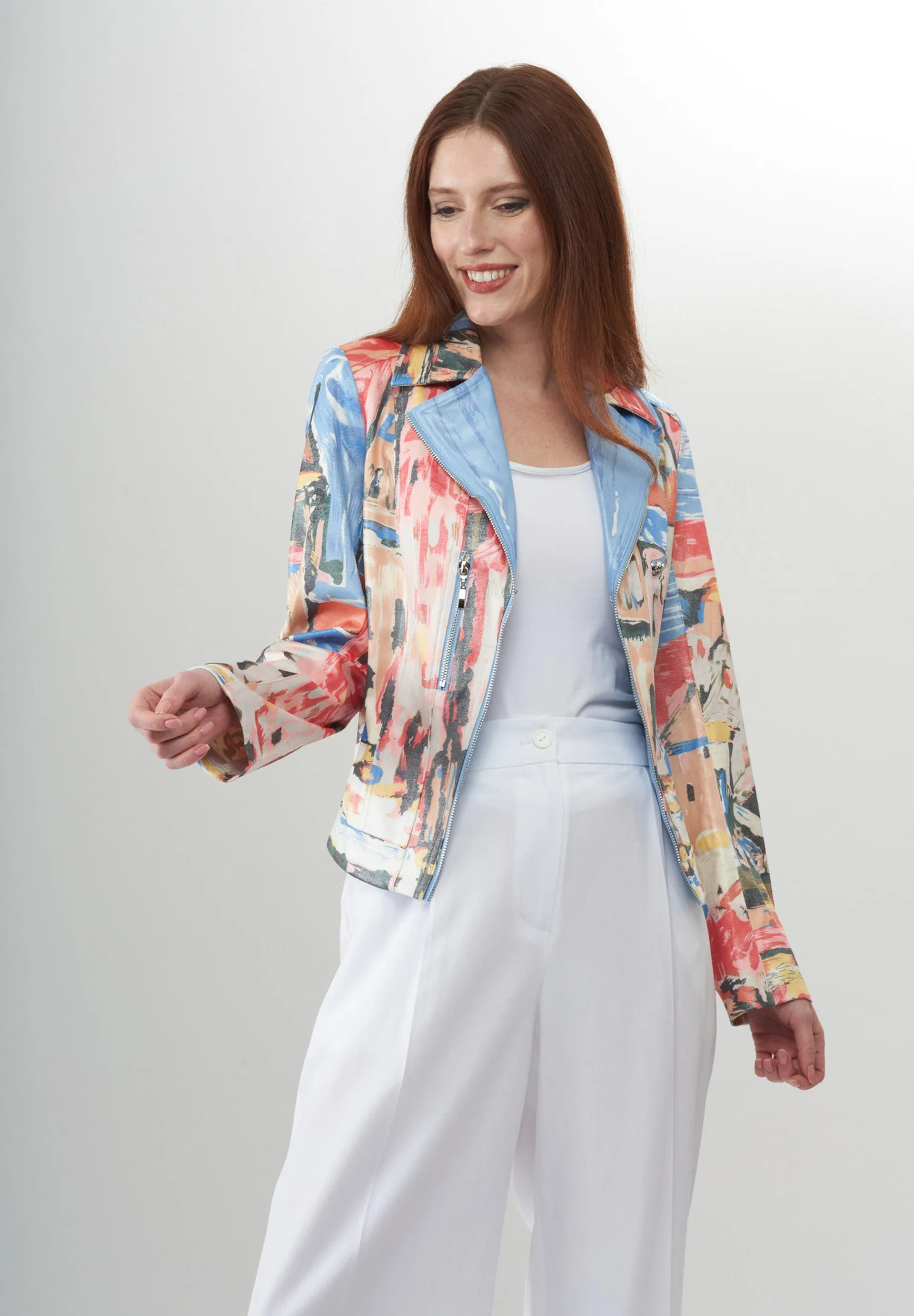 BCJ17681MPRE Printed Metallic Vegan Moto Leather Jacket