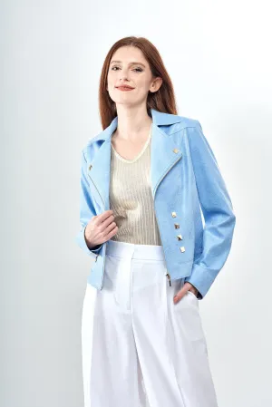 BCJ2647DA Vegan Leather Zip Up Jacket in Powder Blue