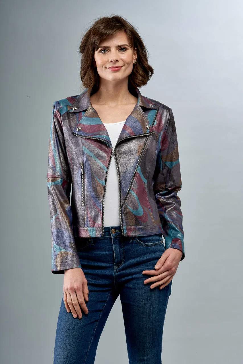 BCJ8731MPRC Metallic Faux Vegan Leather Moto Jacket in Liquid Grey Pucci