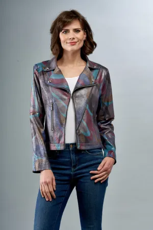 BCJ8731MPRC Metallic Faux Vegan Leather Moto Jacket in Liquid Grey Pucci