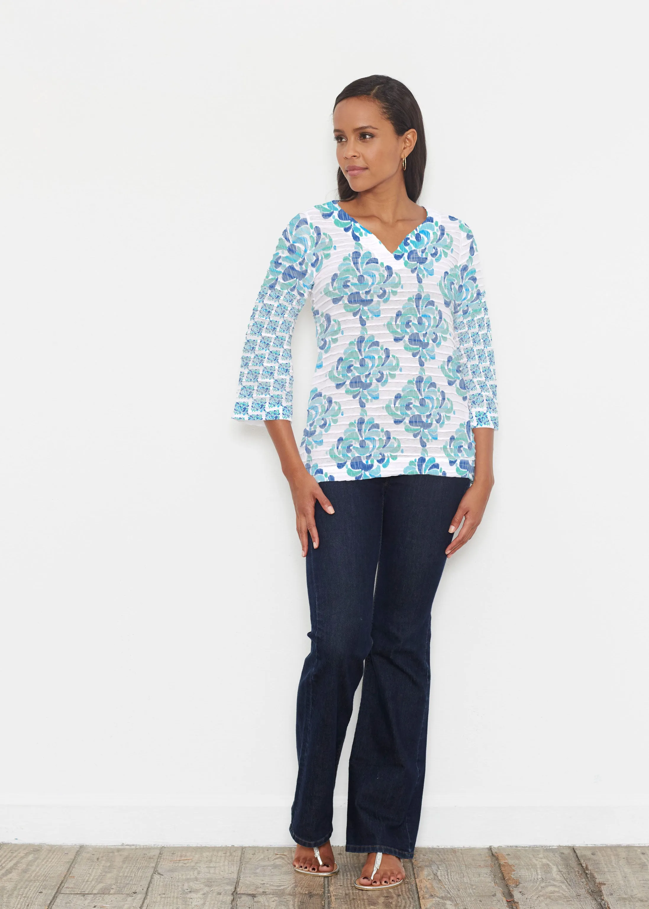Be Jeweled (7811) ~ Banded 3/4 Bell-Sleeve V-Neck Tunic