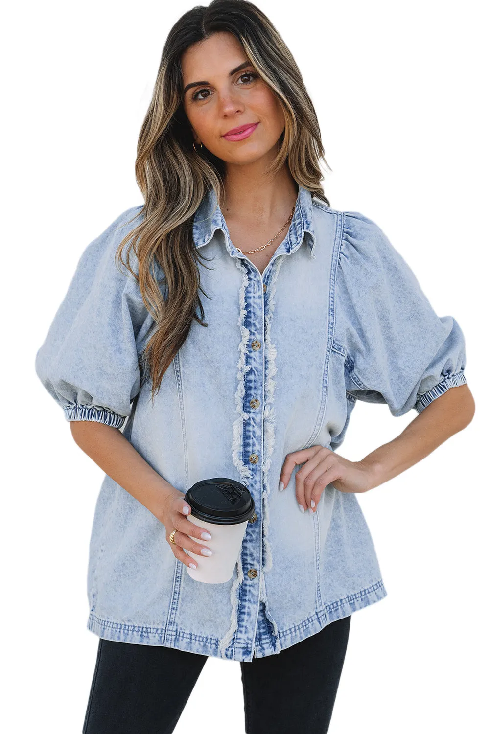 Beau Blue Light Wash Raw Hem Puff Sleeve Denim Shirt