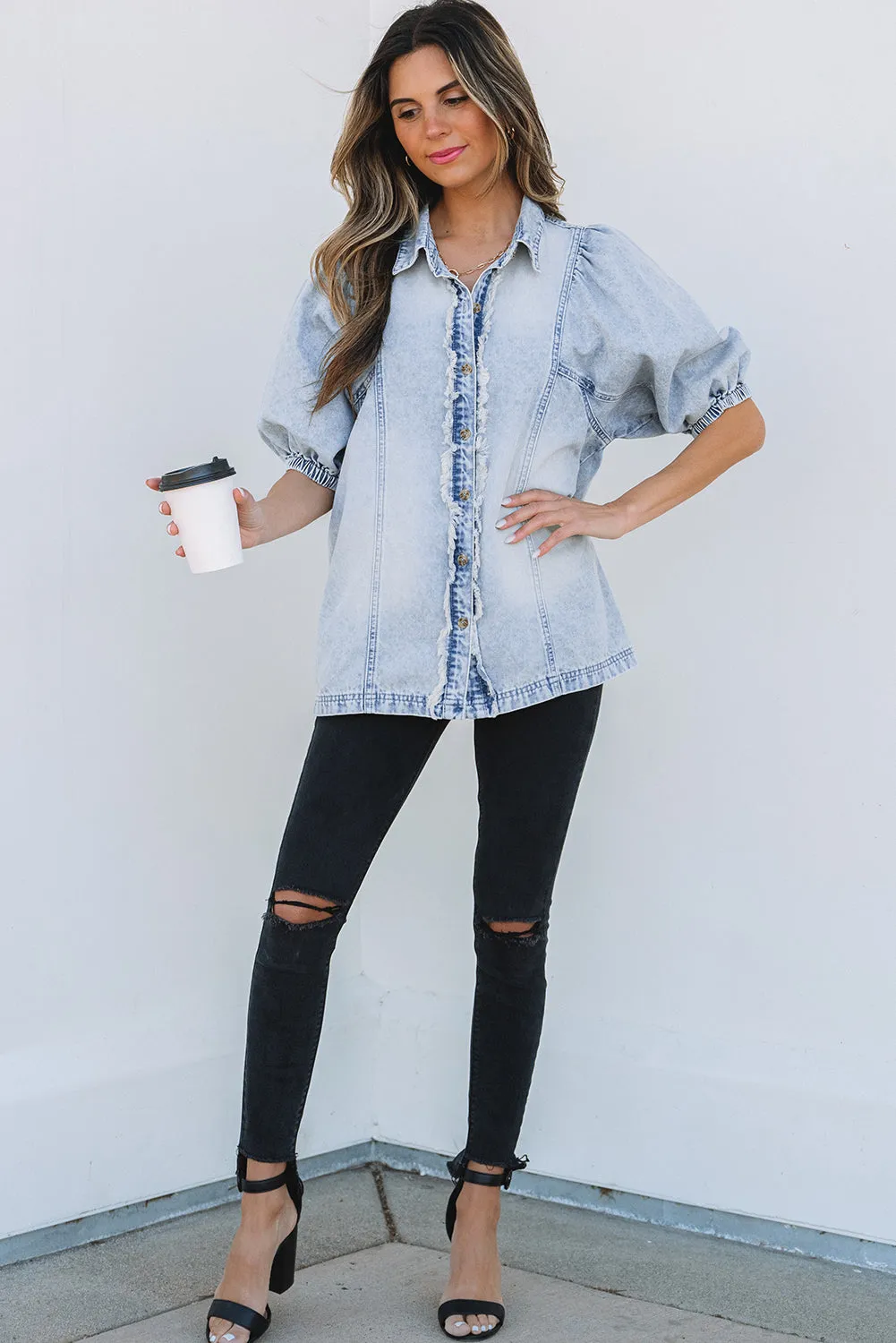 Beau Blue Light Wash Raw Hem Puff Sleeve Denim Shirt