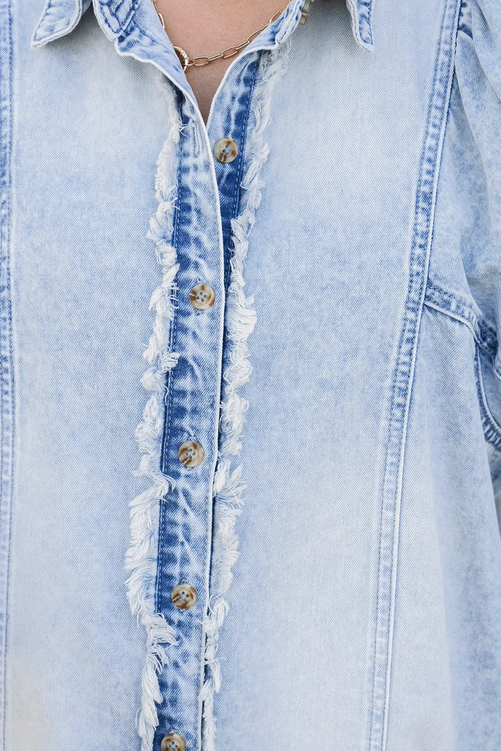 Beau Blue Light Wash Raw Hem Puff Sleeve Denim Shirt