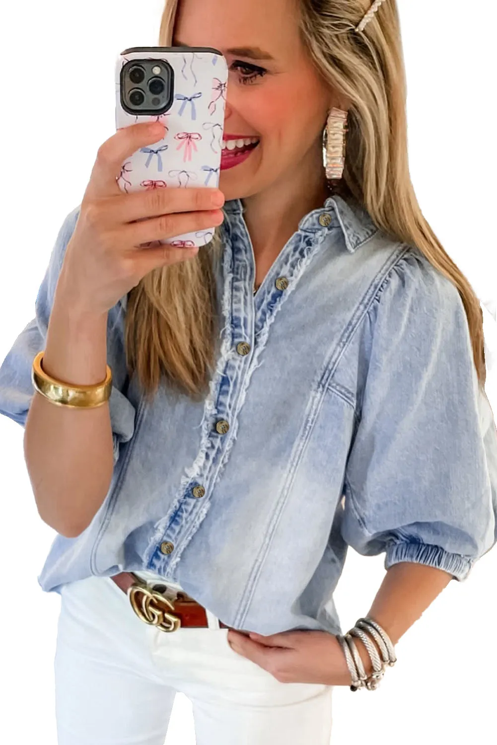 Beau Blue Light Wash Raw Hem Puff Sleeve Denim Shirt