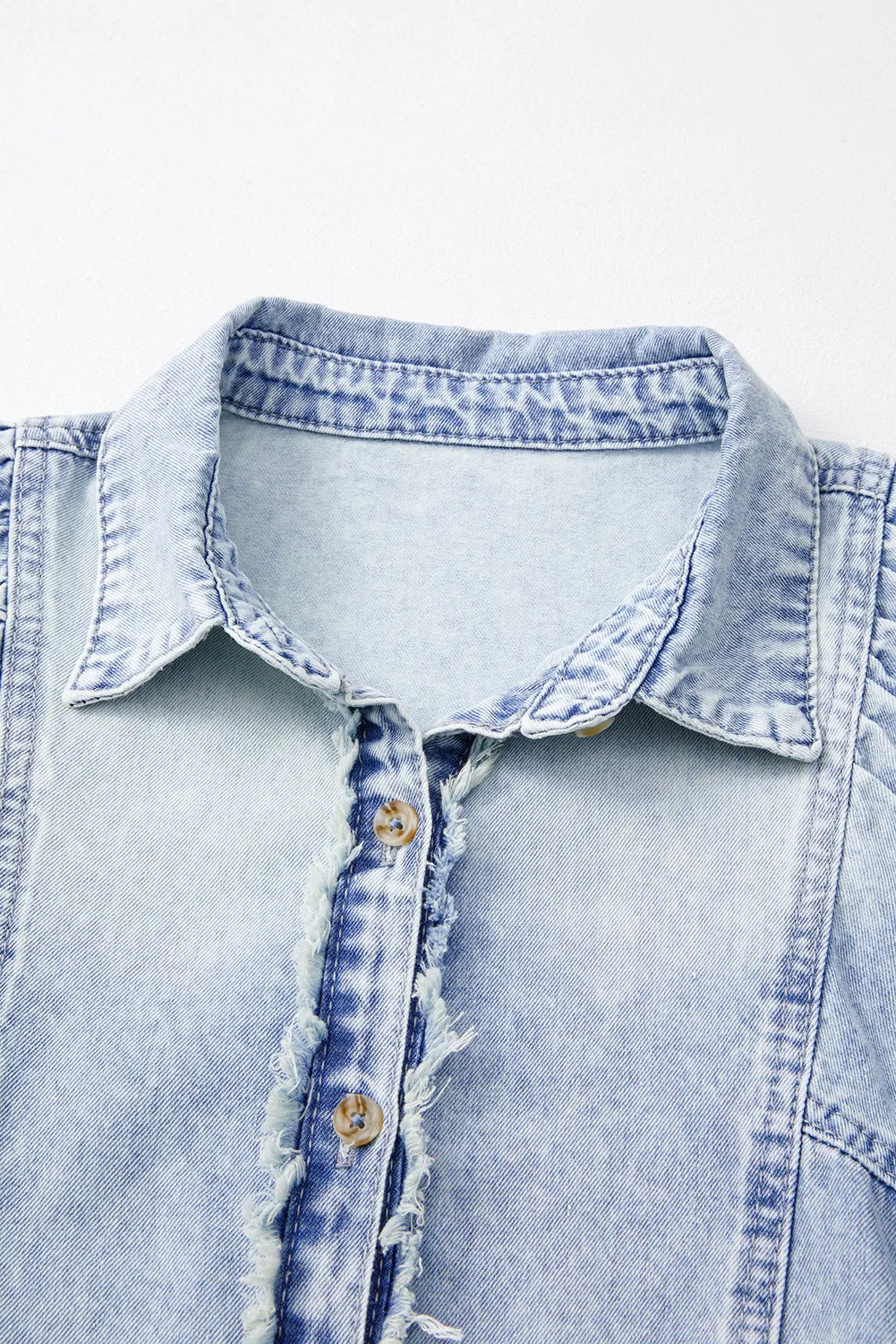 Beau Blue Light Wash Raw Hem Puff Sleeve Denim Shirt