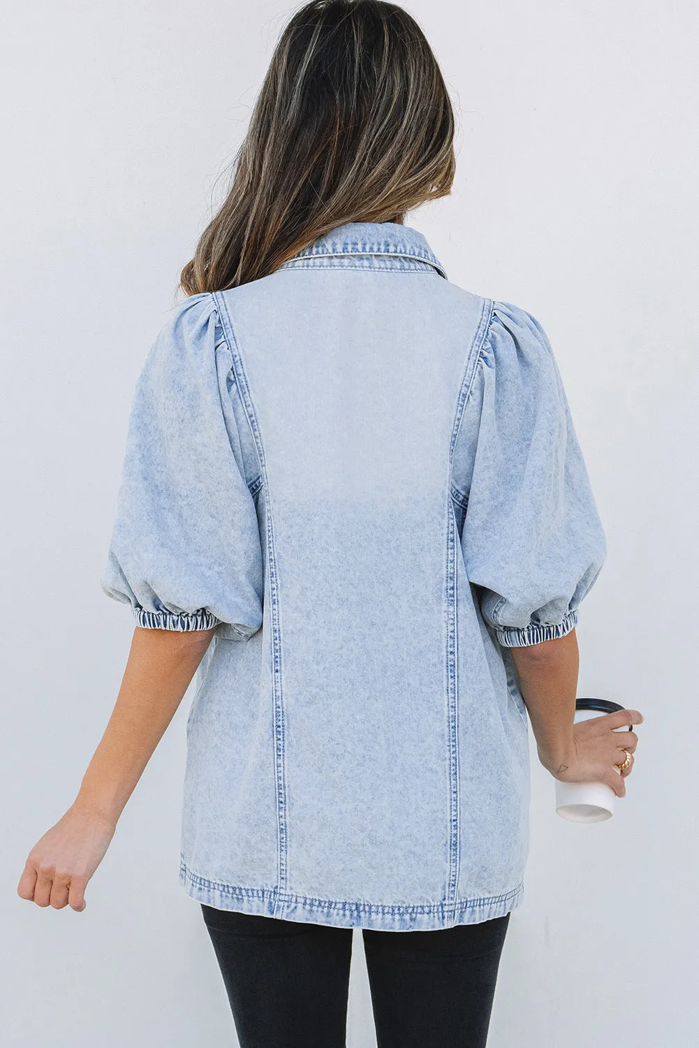 Beau Blue Light Wash Raw Hem Puff Sleeve Denim Shirt