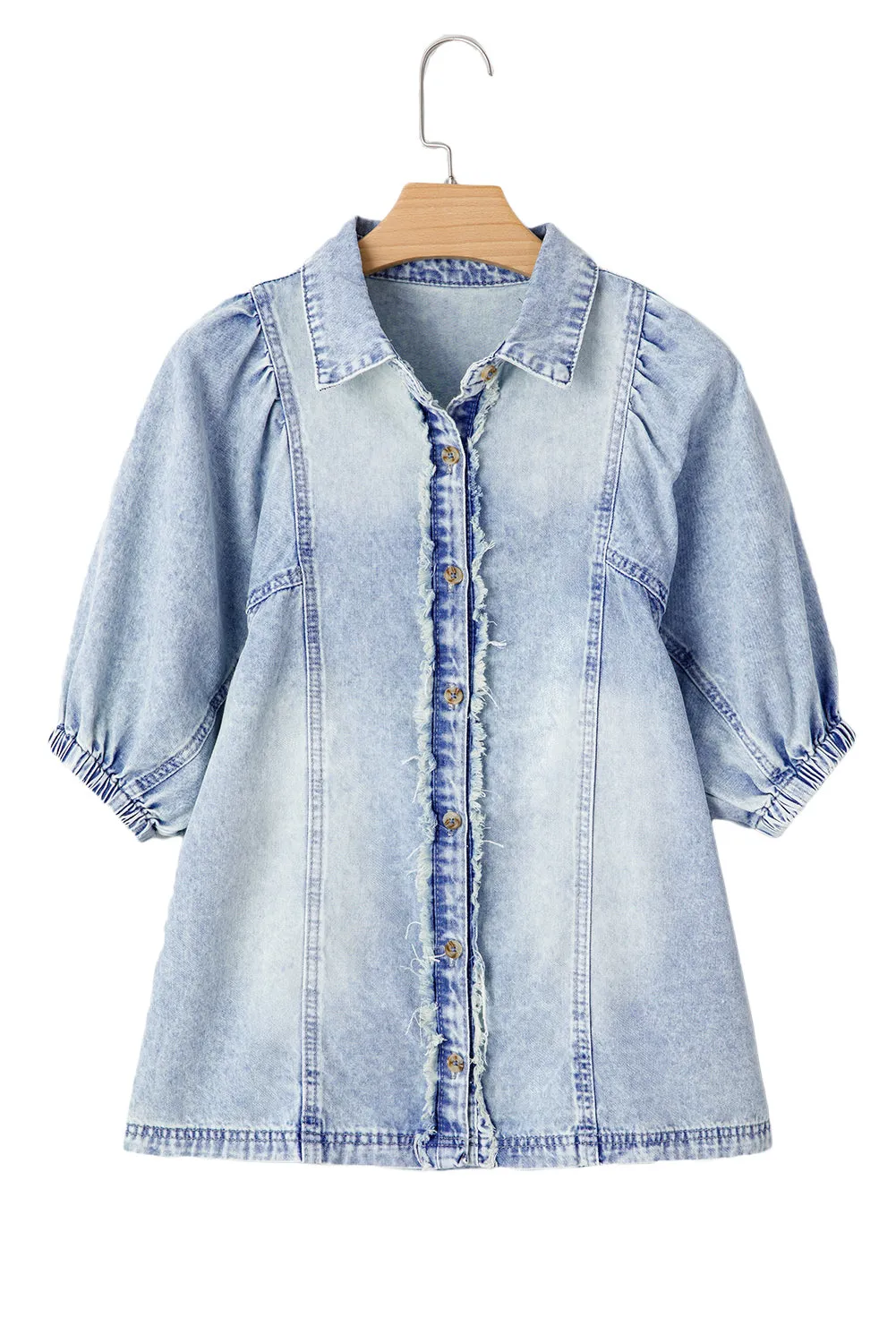 Beau Blue Light Wash Raw Hem Puff Sleeve Denim Shirt