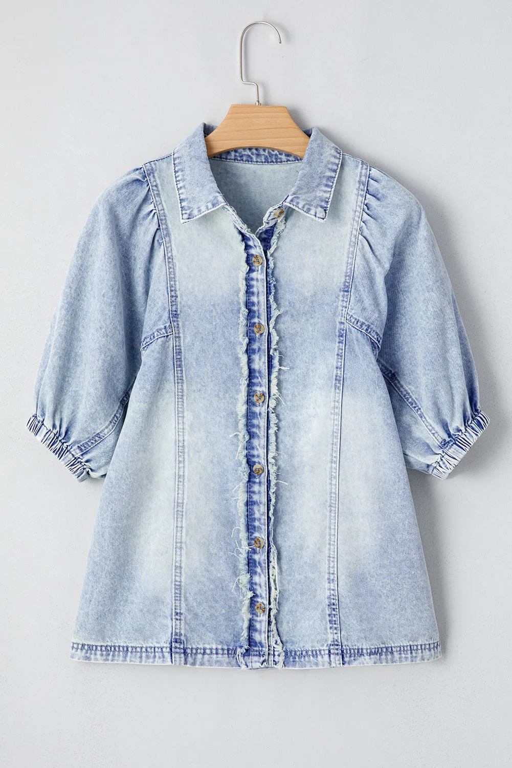 Beau Blue Light Wash Raw Hem Puff Sleeve Denim Shirt