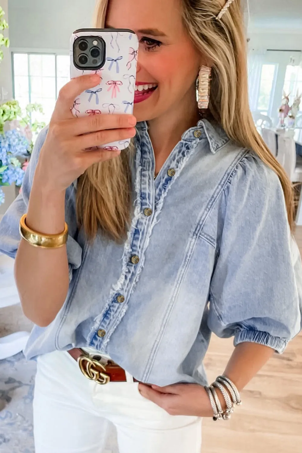 Beau Blue Light Wash Raw Hem Puff Sleeve Denim Shirt