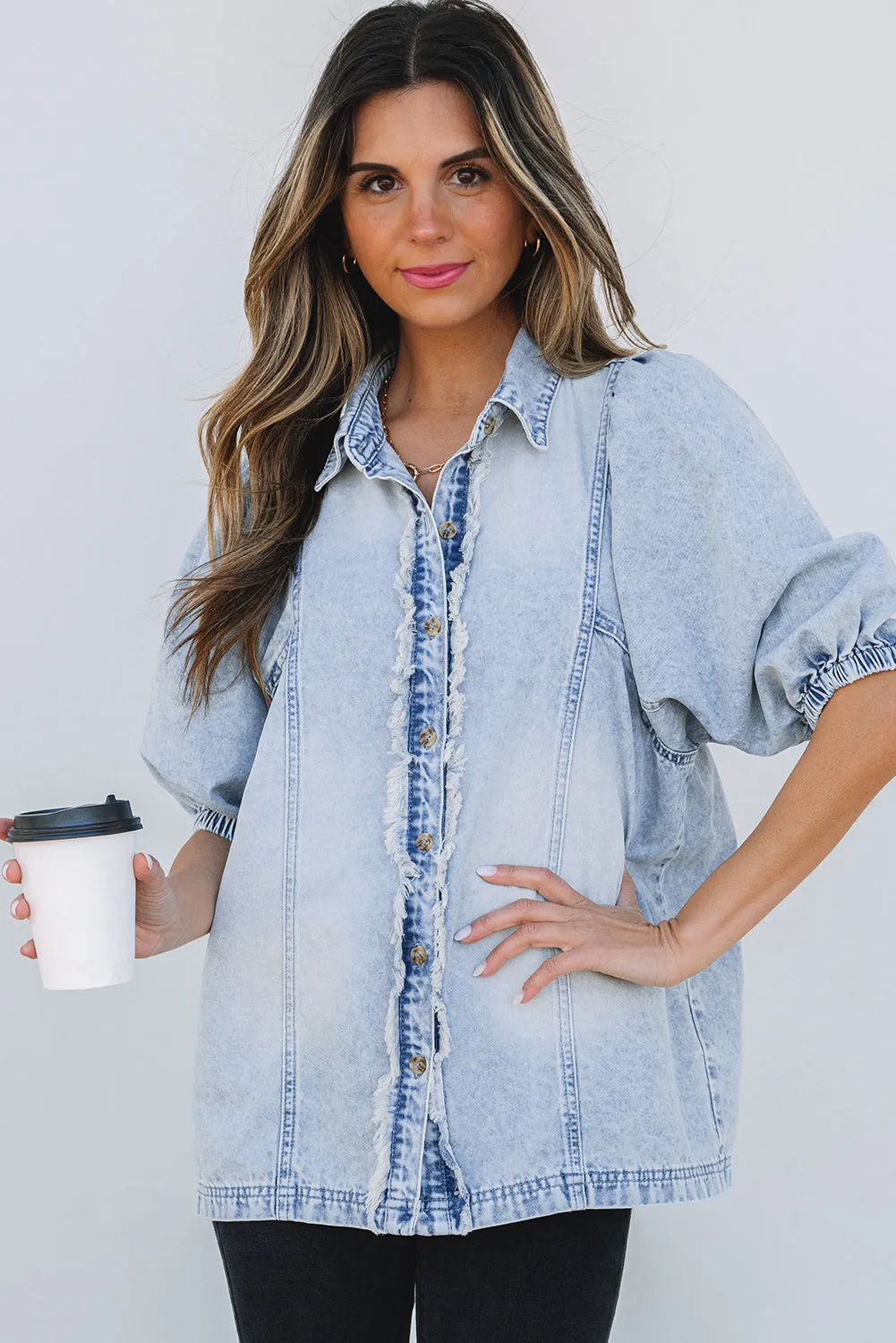 Beau Blue Light Wash Raw Hem Puff Sleeve Denim Shirt