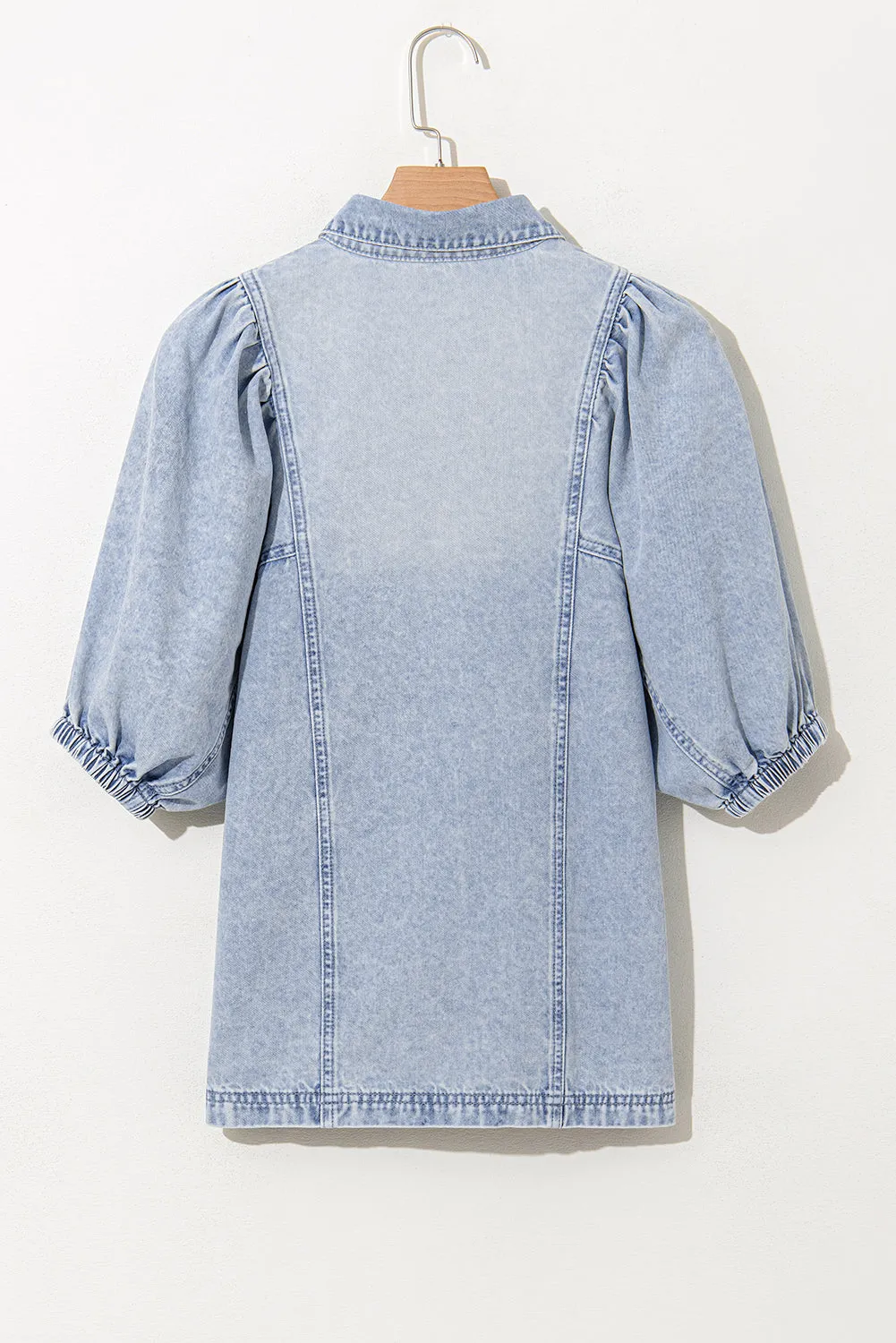 Beau Blue Light Wash Raw Hem Puff Sleeve Denim Shirt
