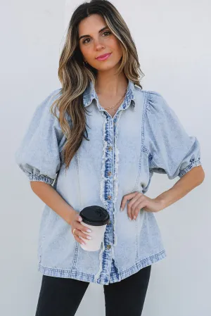 Beau Blue Light Wash Raw Hem Puff Sleeve Denim Shirt